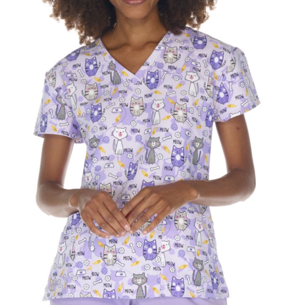 NWT Women’s XL Purple Meow Cat Print Scrubfinity Basix Scrub Top